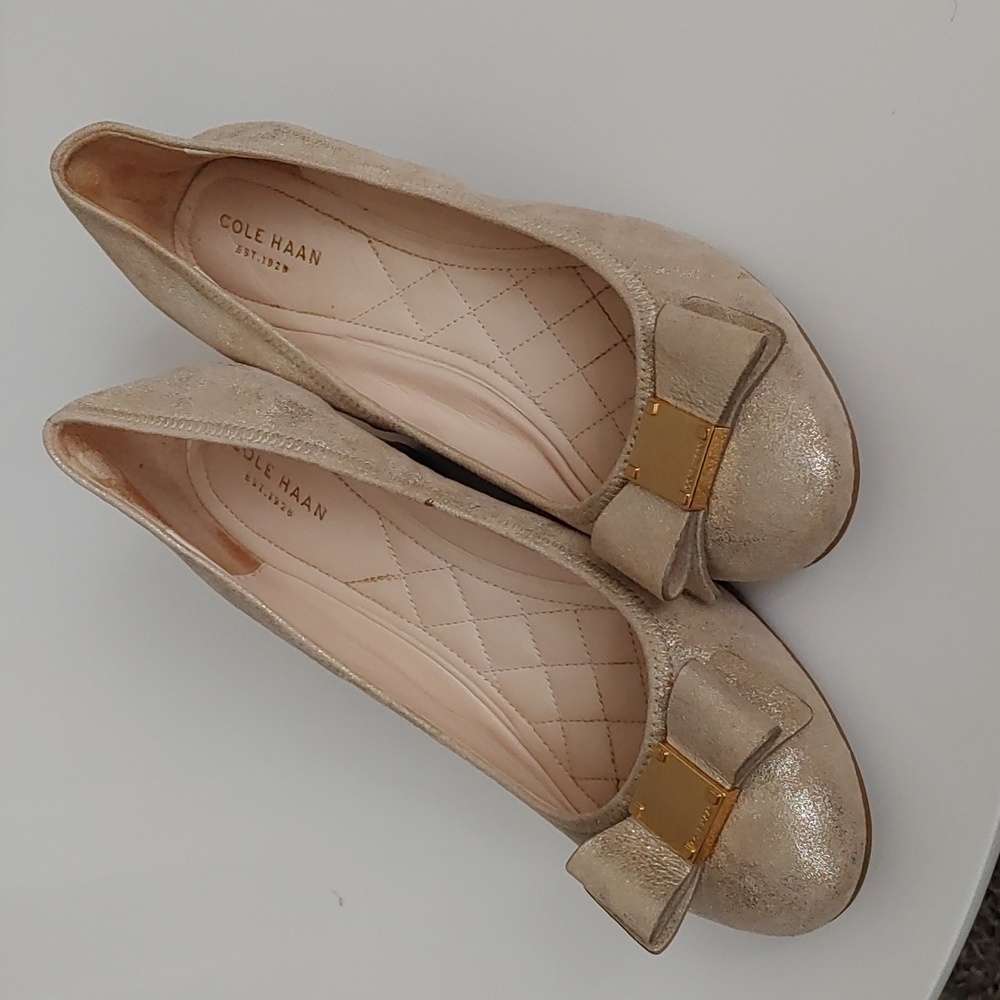 Cole Haan tan metallic wedge heels, size 9.5
